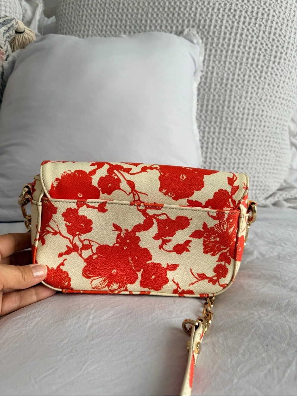 Tory Burch Cream and Orange Floral Chain Crossbody